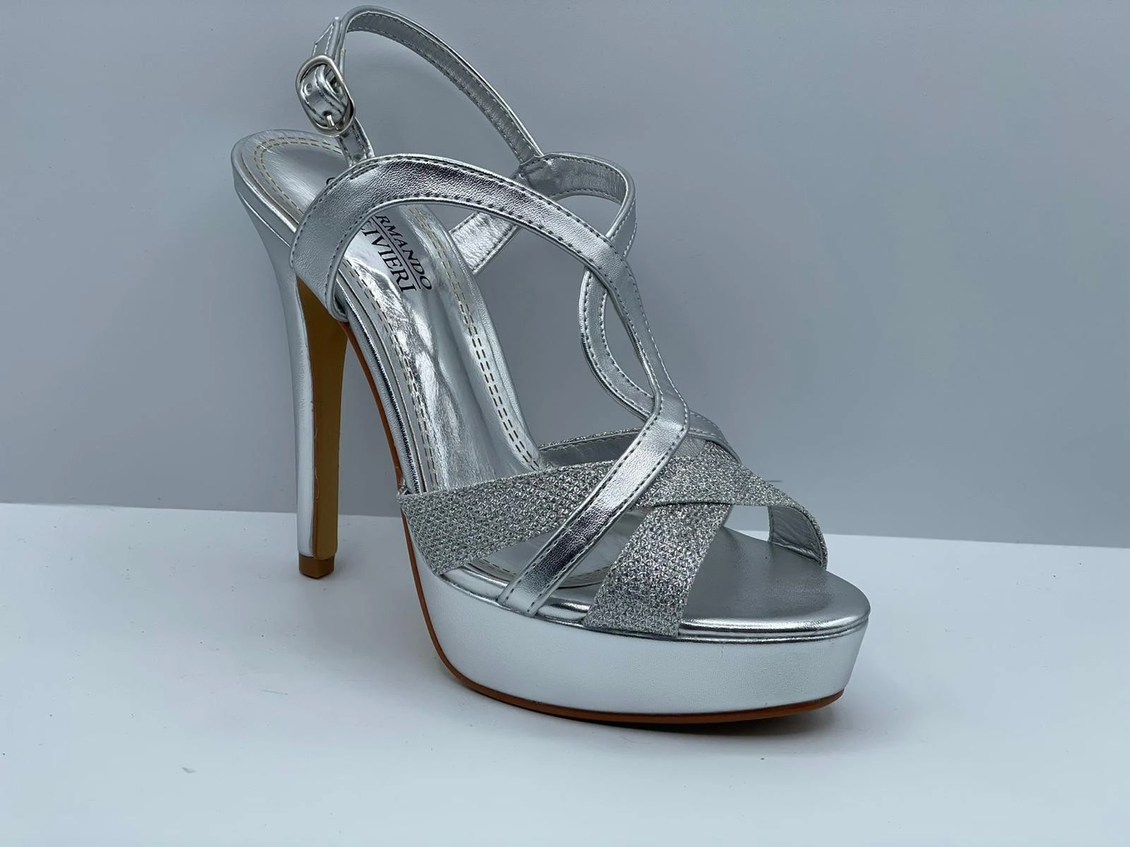 SANDALO DONNA ARMANDO OLIVIERI RASO/PELLE/GLITTER BLU - PRLLE/GLITTER ARGENTO - NUDE - PLATINO ART.36421 TACCO 13