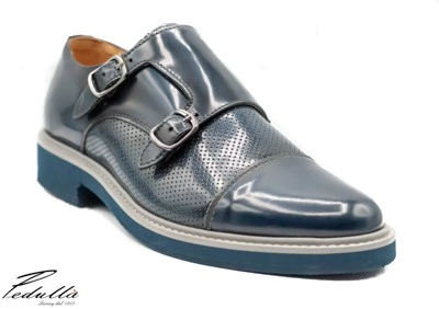 SCARPA UOMO BLU CON DOPPIA FIBBIA ARGENTO, FONDO BLU 320